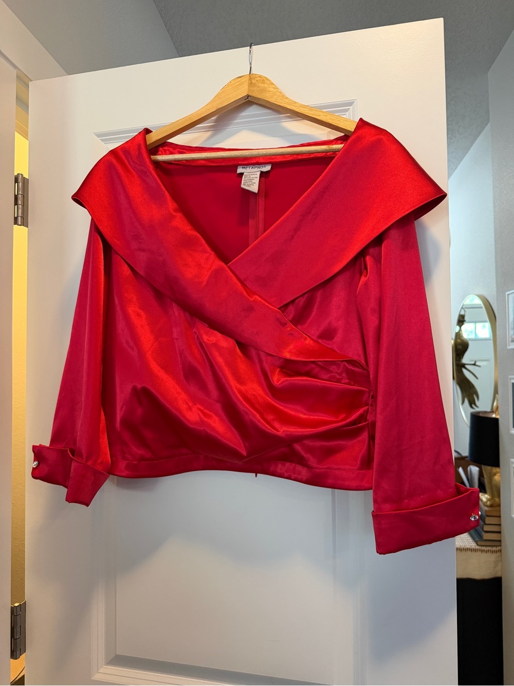 Vintage Metaphor Red Satin Wrap Blouse with Dramatic Collar